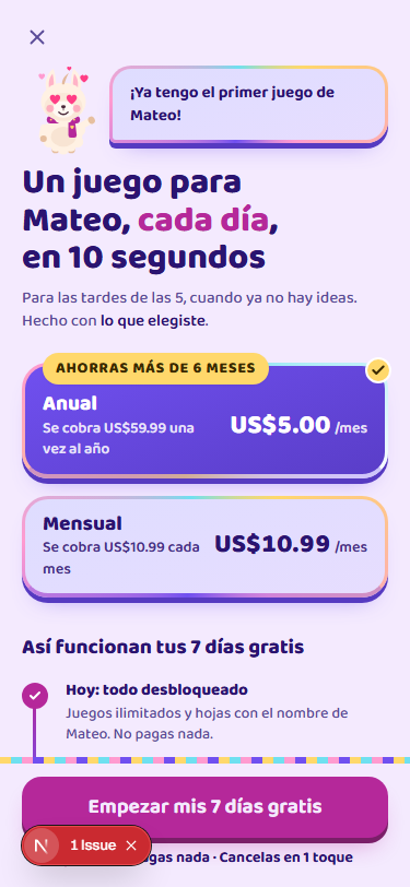 Pantalla de planes con la prueba de 7 días y el aviso antes del cobro